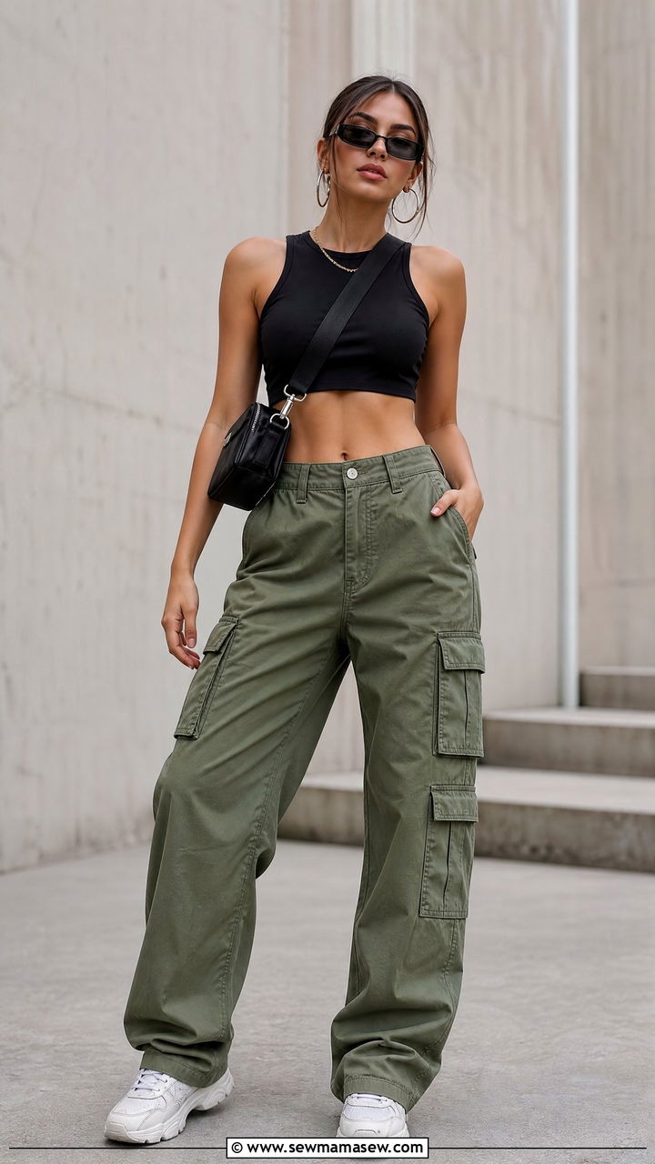 Black Crop Top With Cargo Pants - 20 aesthetic crop top outfit ideas