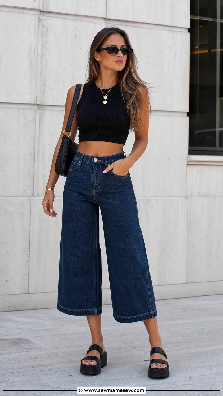 Black Crop Top With Denim Culottes And Platform Sandals - 20 crop top with denim culottes outfit ideas