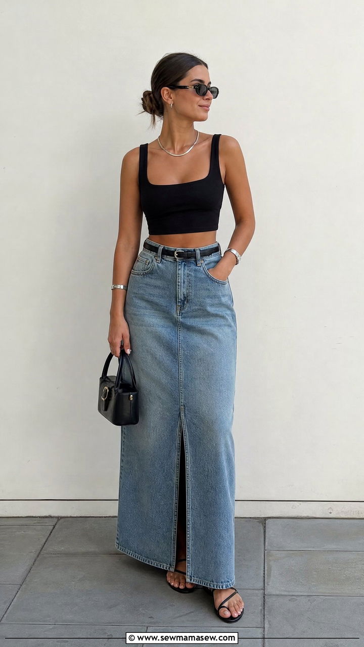 Black Crop Top With Denim Maxi Skirt - 20 crop top with denim maxi skirt outfit ideas