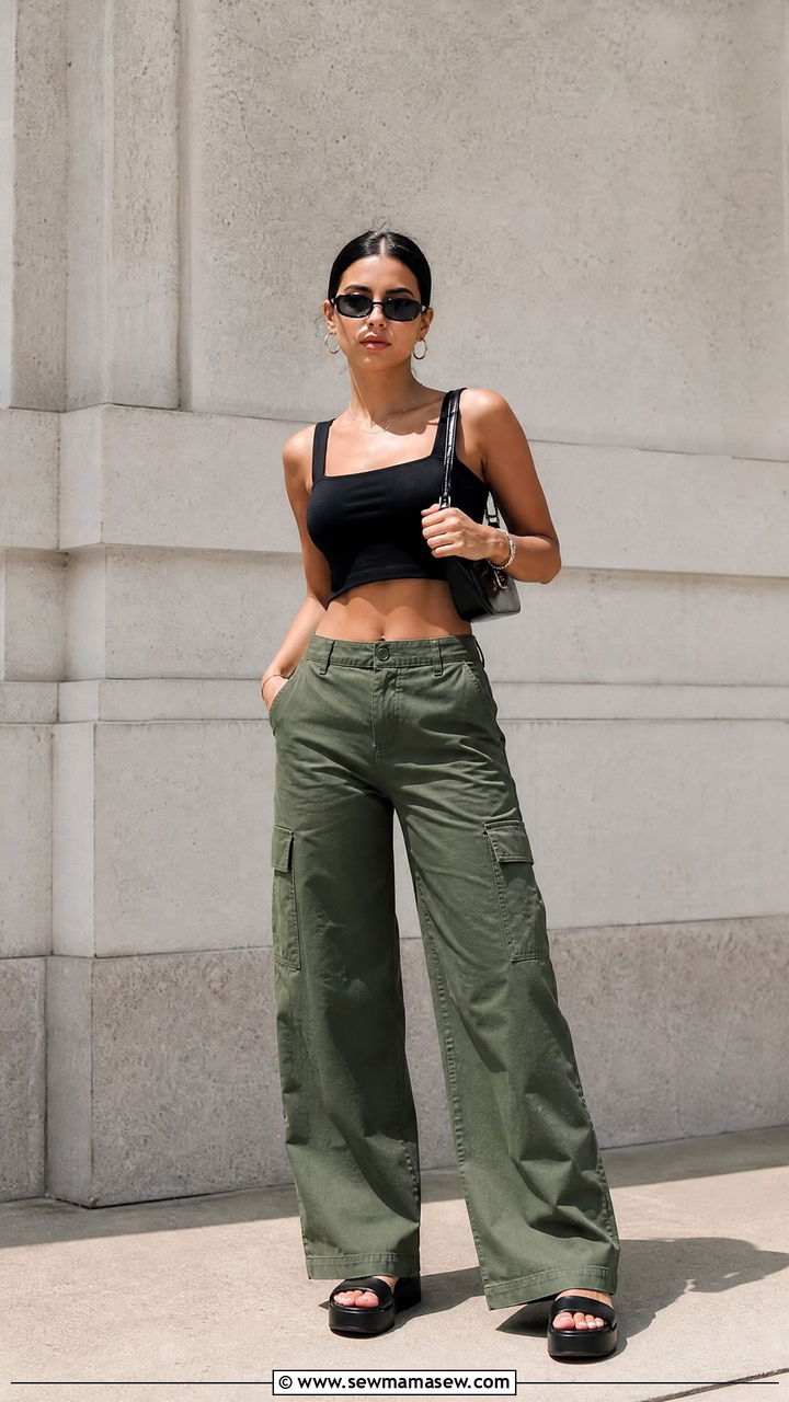 Black Crop Top With Green Cargo Pants - 20 summer crop top outfit ideas with cargo pants