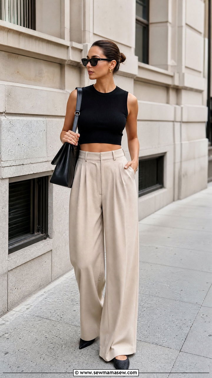 Black Crop Top With High Waisted Wide Leg Trousers - 20 crop top with high waisted trousers outfit ideas