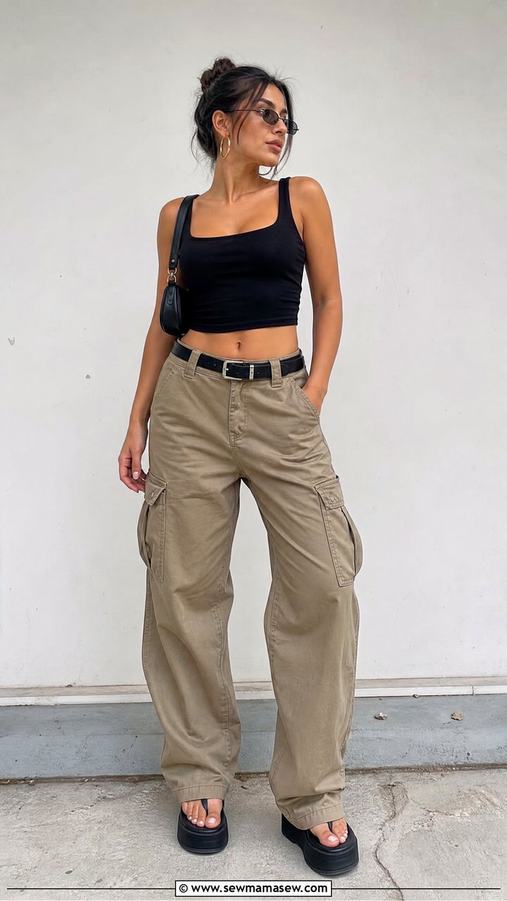 Black Crop Top With Khaki Cargo Pants Outfit - 20 crop top with cargo pants outfit ideas