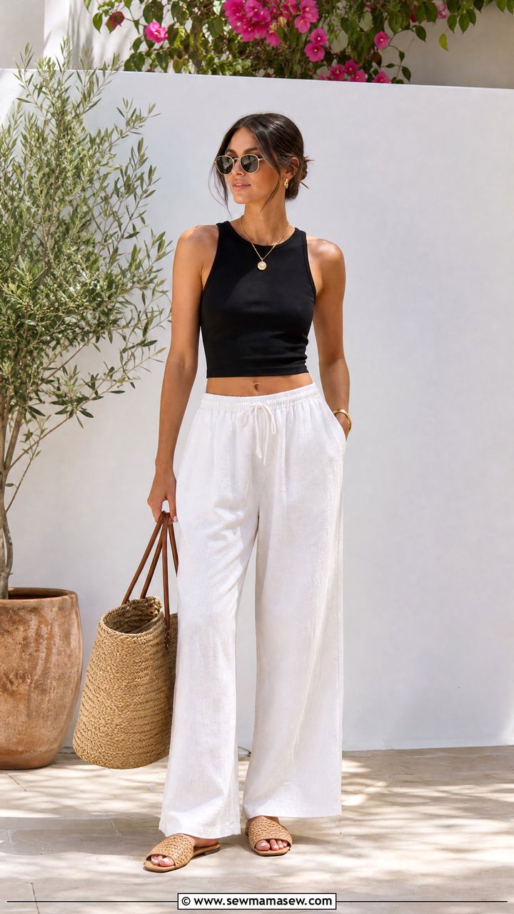 Black Crop Top With Linen Pants - 20 black crop top outfit ideas
