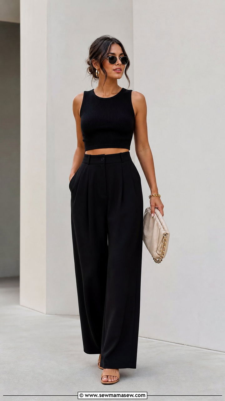 Black Crop Top With Matching Black Pants - 20 black crop top outfit ideas