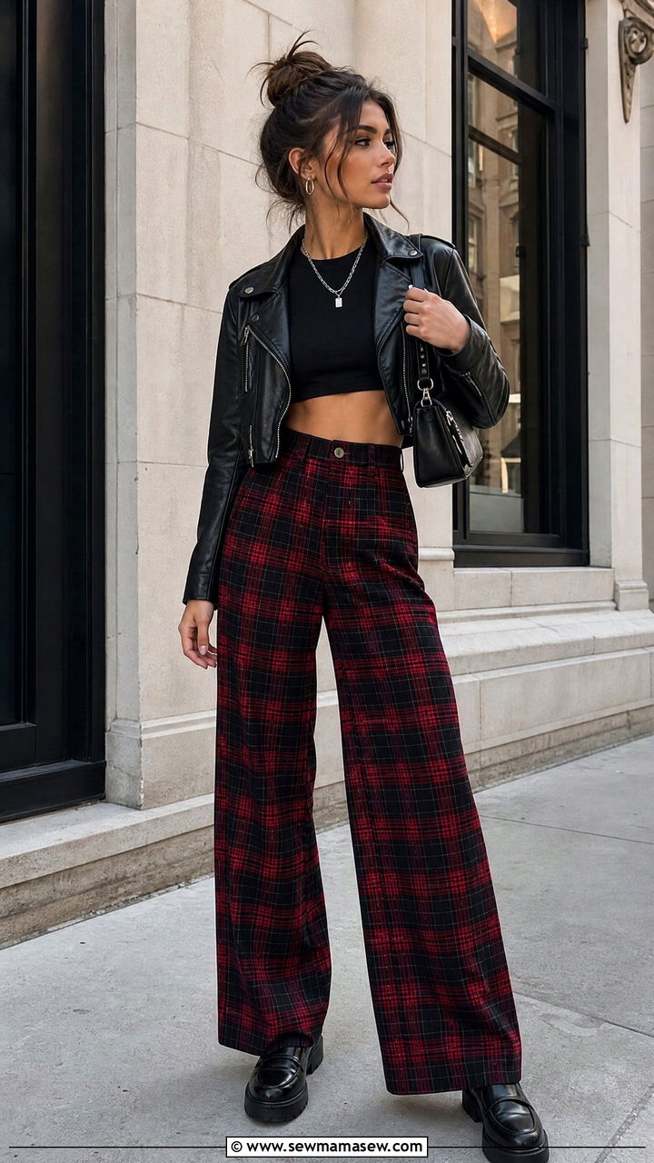 Black Crop Top With Plaid Pants - 20 edgy crop top outfit ideas