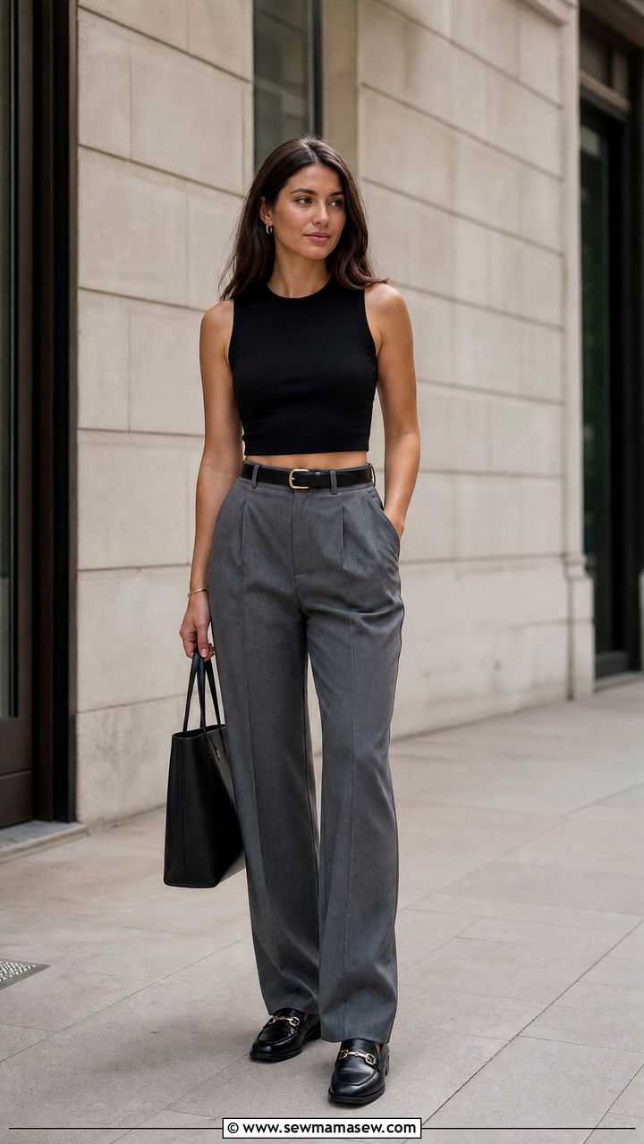 Black Crop Top With Pleated Trousers - 20 black crop top outfit ideas