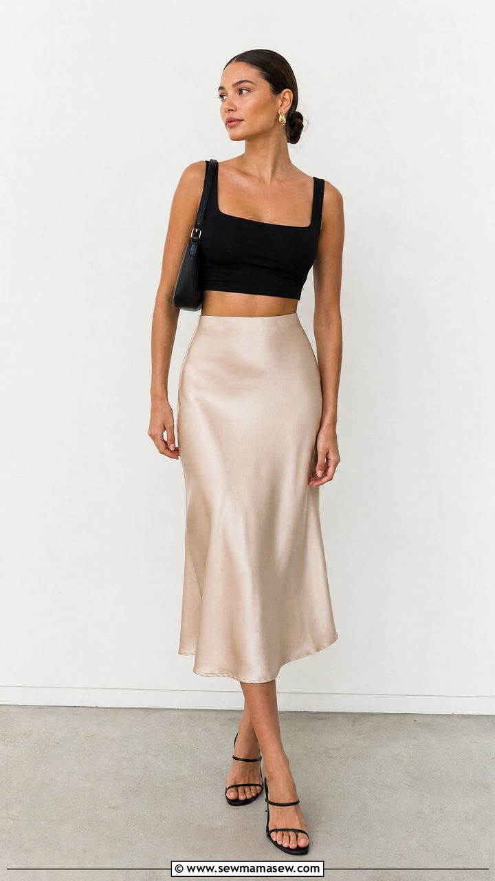 Black Crop Top With Satin Midi Skirt - 20 crop top with midi skirt outfit ideas