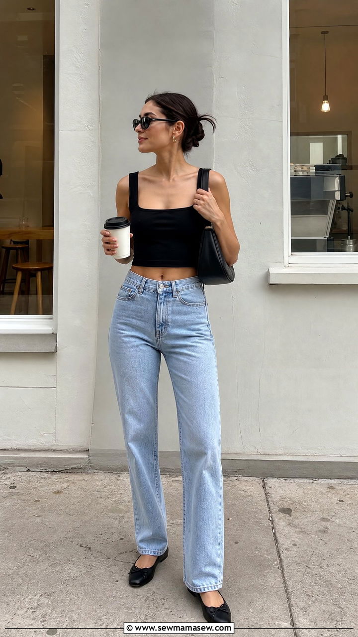 Black Crop Top With Straight Leg Jeans - 20 crop top with straight leg jeans outfit ideas