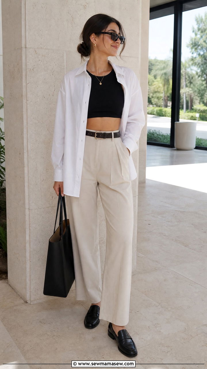 Black Crop Top With White Button Down And Trousers - 20 neutral crop top outfit ideas