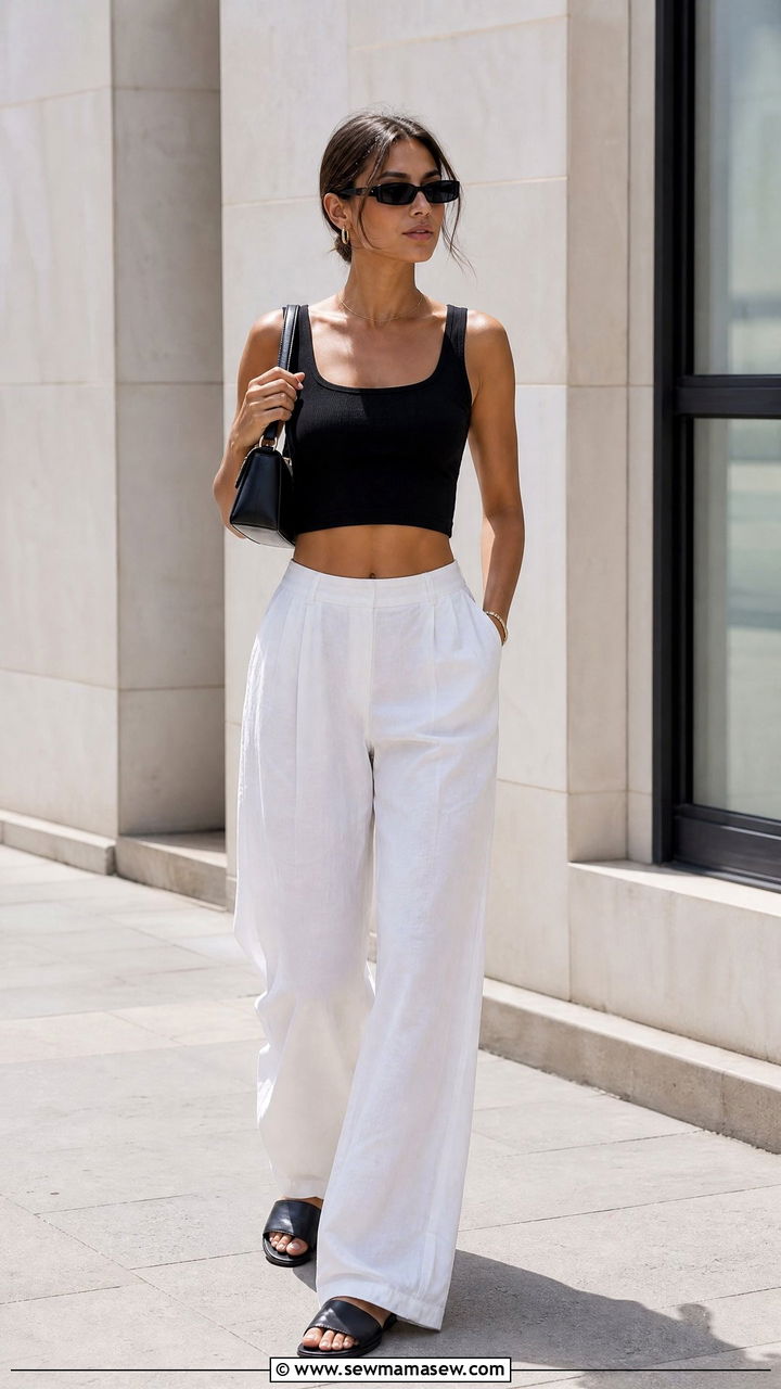 Black Crop Top With White Linen Pants - 20 summer crop top outfit ideas with linen pants