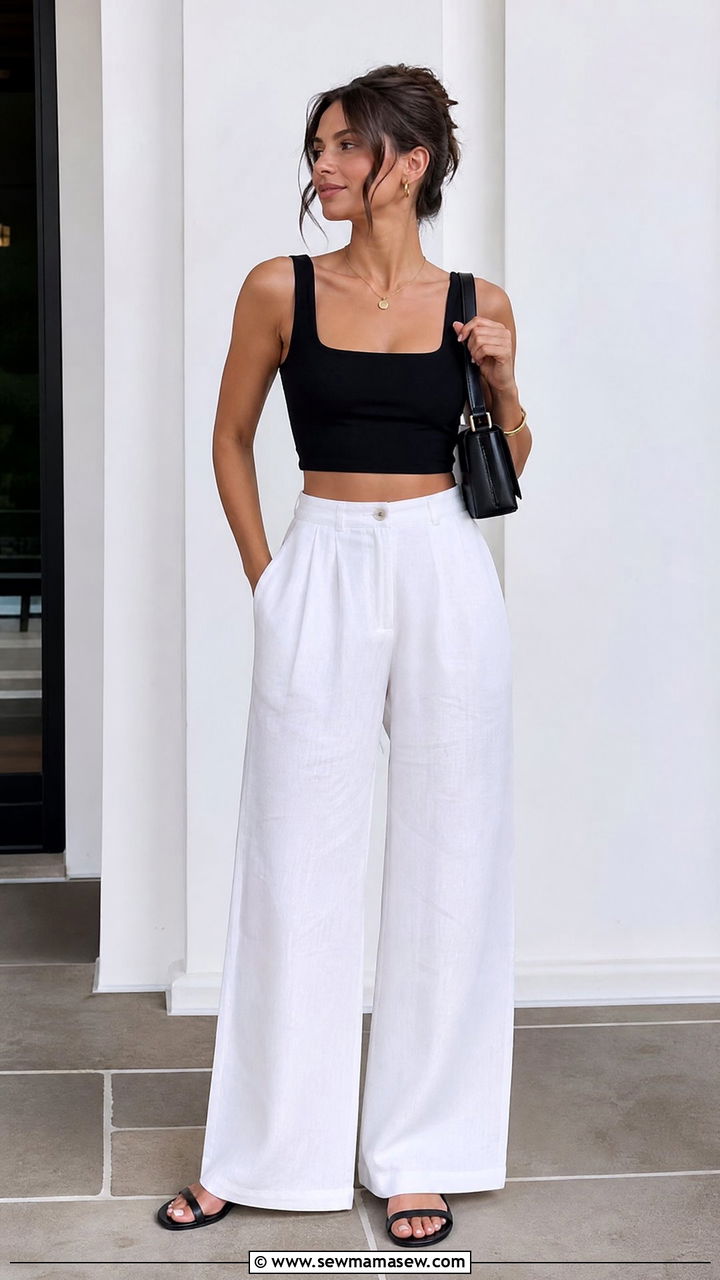 Black Crop Top With White Linen Trousers - 20 crop top with linen trousers outfit ideas