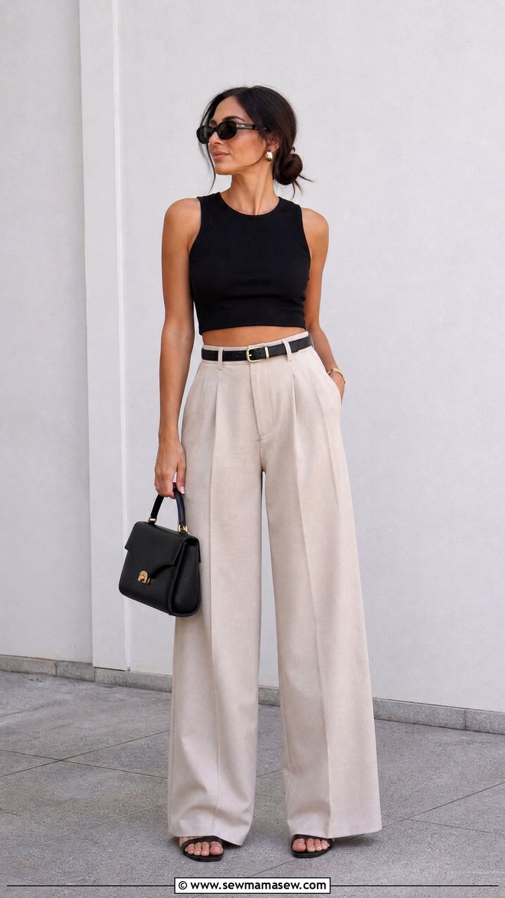Black Crop Top With Wide Leg Trousers - 20 black crop top outfit ideas