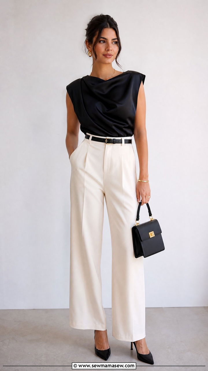 Black Dressy Top With Cream Trousers Outfit - 20 dressy top outfit ideas