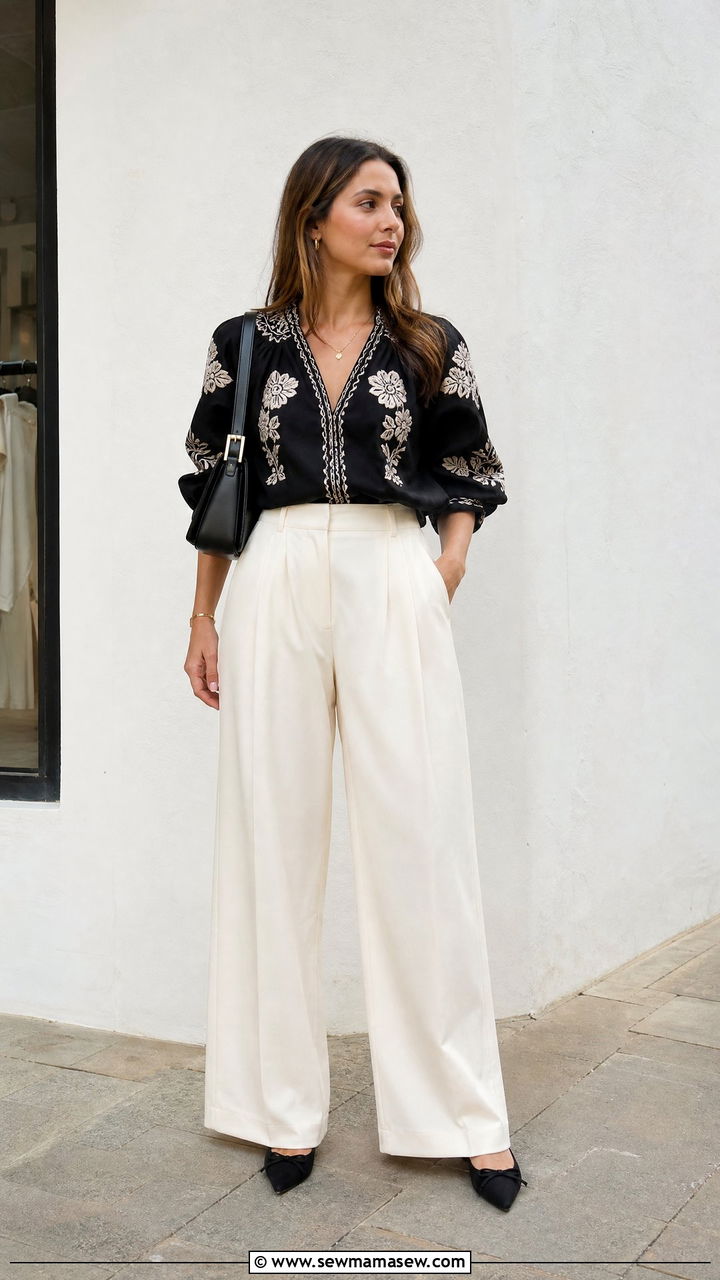 Black Embroidered Top With Wide Leg Pants - 20 embroidered top outfit ideas