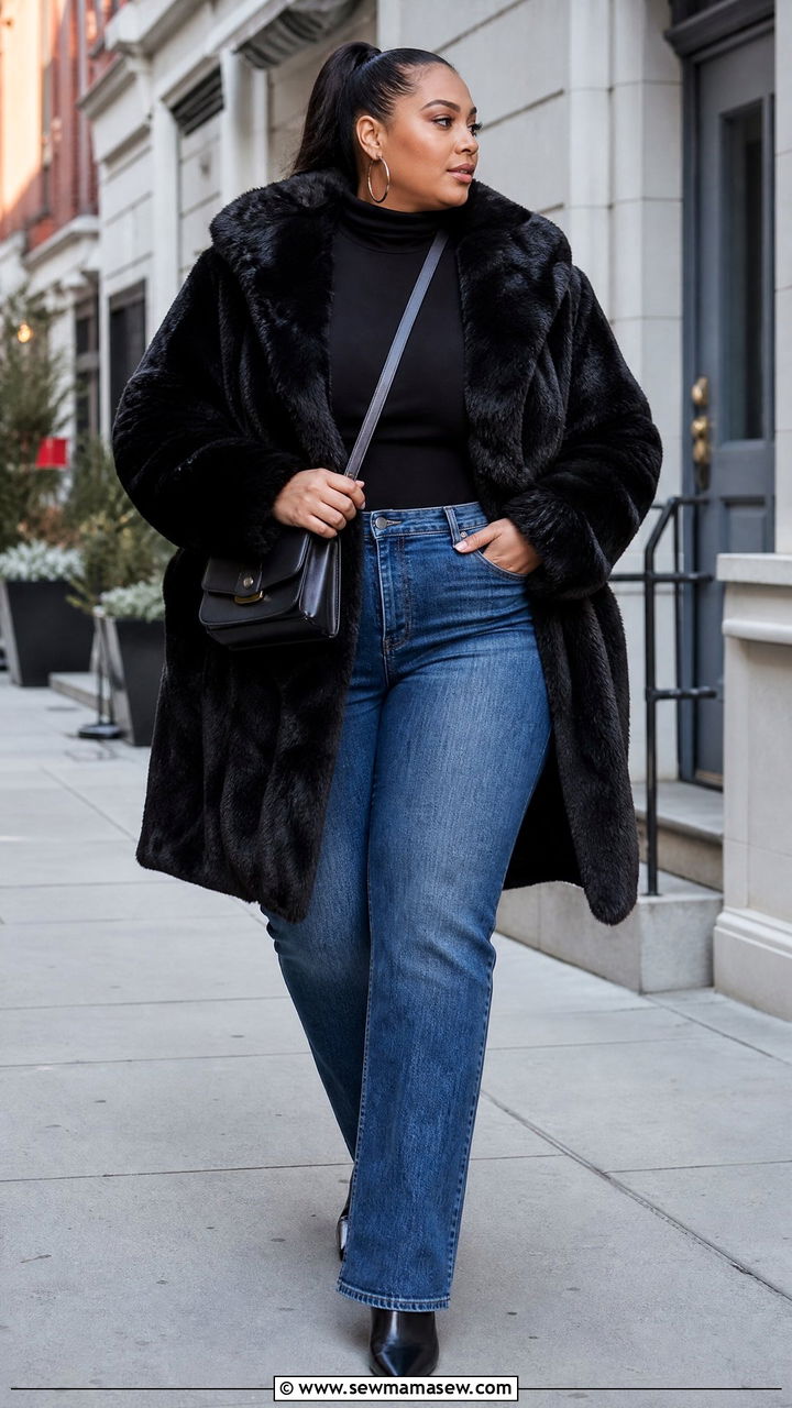 Black Faux Fur Coat With Straight Leg Jeans - 20 plus size faux fur coat outfit ideas