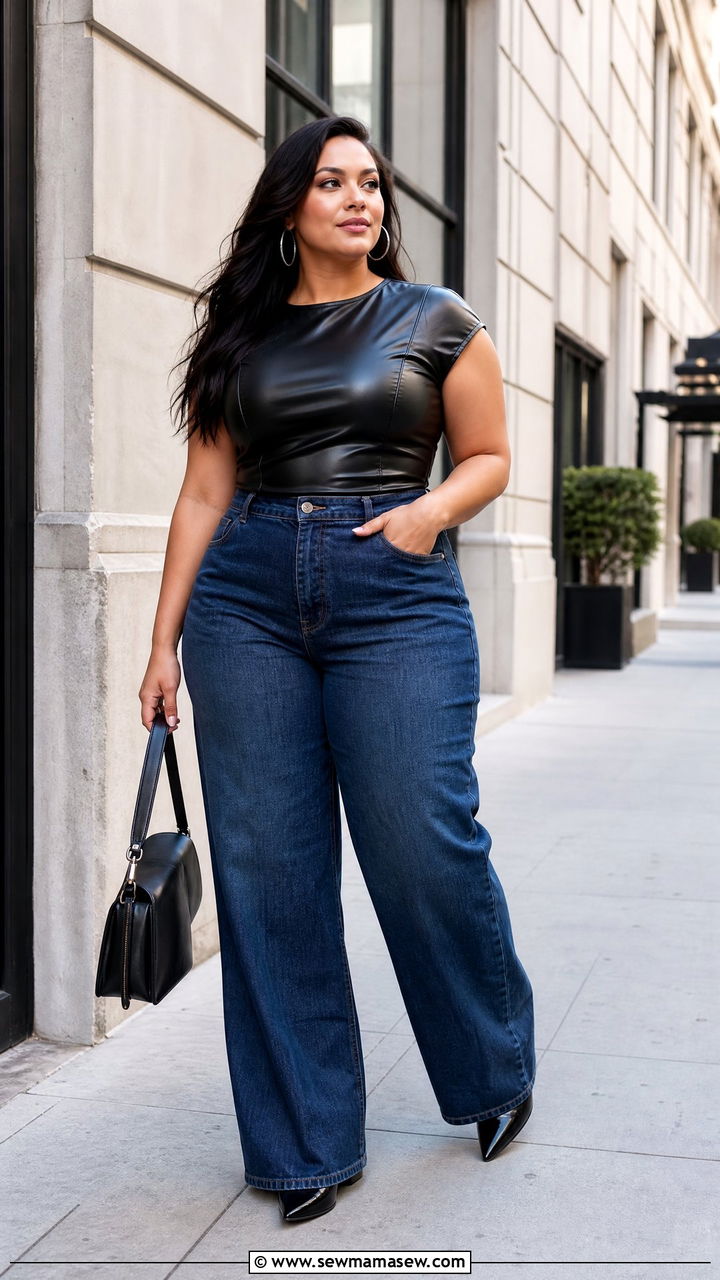 Black Faux Leather Corset Top With Wide Leg Jeans - 20 plus size faux leather corset top outfit ideas