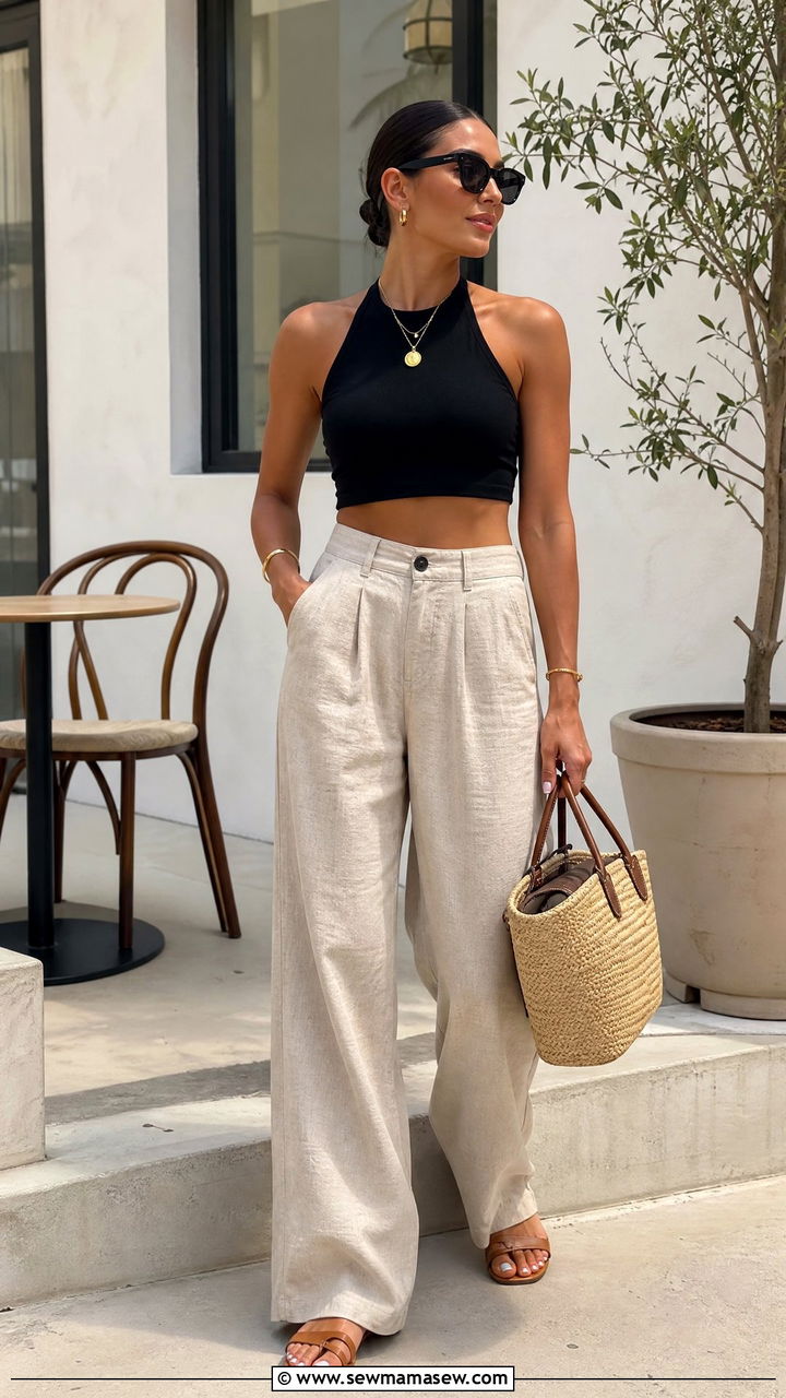Black Halter Crop Top With Linen Pants - 20 halter crop top summer outfit ideas