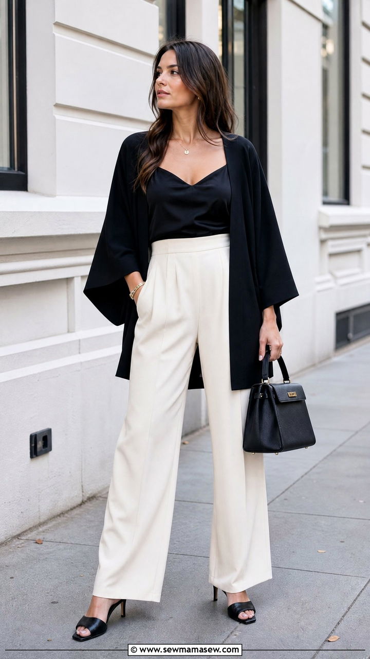 Black Kimono Top With Wide Leg Pants - 20 kimono top outfit ideas