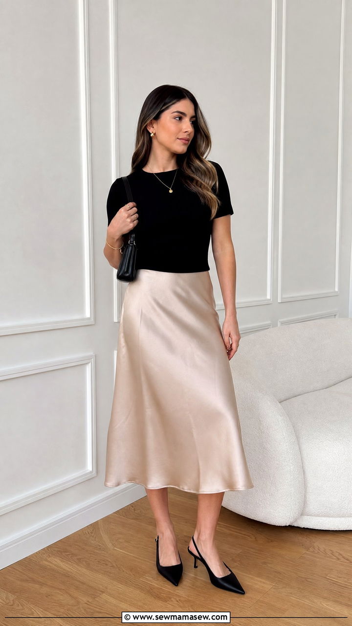 Black Knit Top With Satin Midi Skirt - 20 knit top outfit ideas