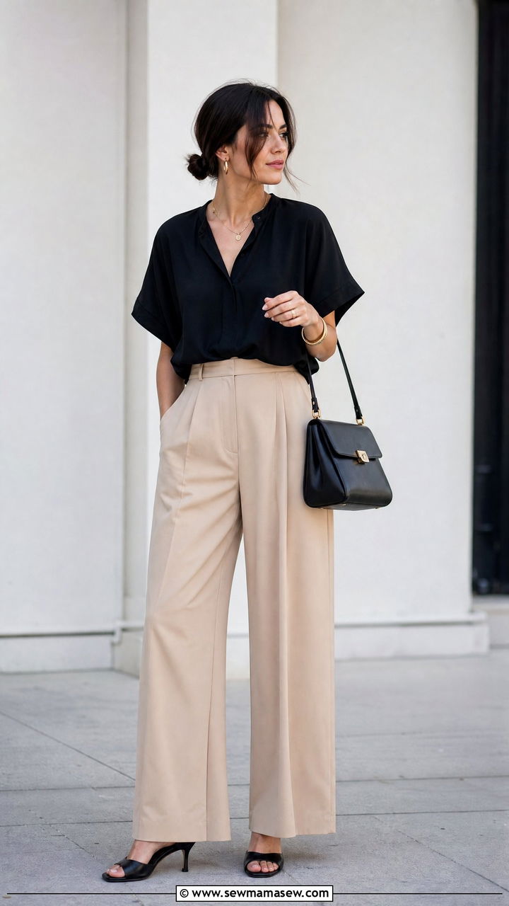 Black Knot Front Top With Wide Leg Pants - 20 knot front top outfit ideas