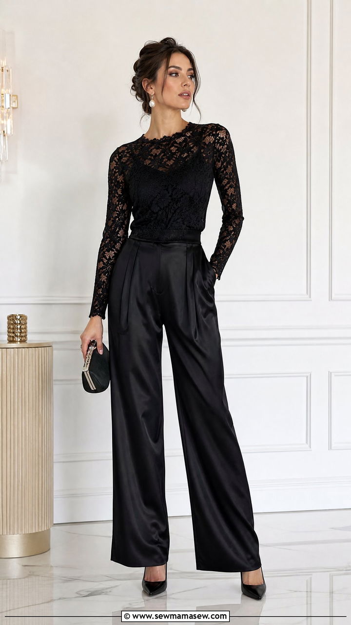 Black Lace Top With Satin Pants - 20 holiday party top outfit ideas