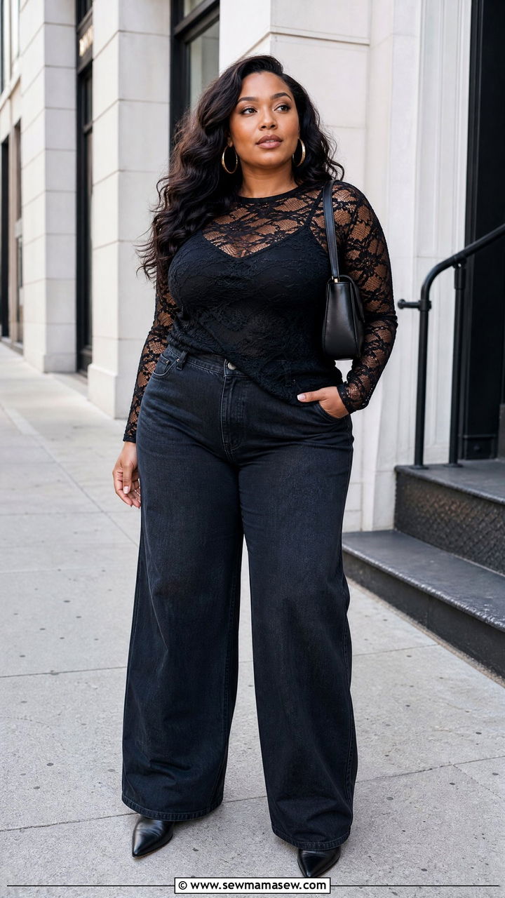 Black Lace Top With Wide Leg Jeans - 20 plus size lace top outfit ideas