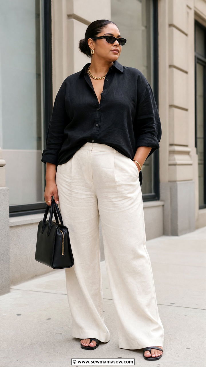 Black Linen Shirt With Cream Pants - 20 plus size linen shirt outfit ideas