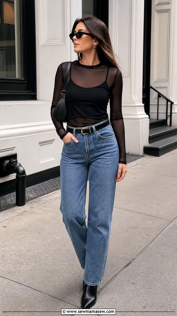 Black Mesh Top Outfit With Straight Leg Jeans - 20 mesh top outfit ideas