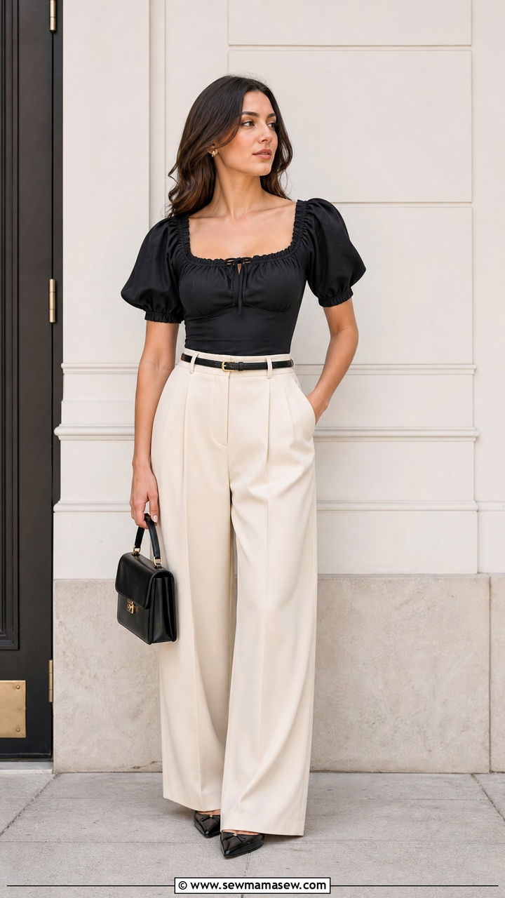 Black Milkmaid Blouse With Wide Leg Trousers - 20 milkmaid blouse outfit ideas