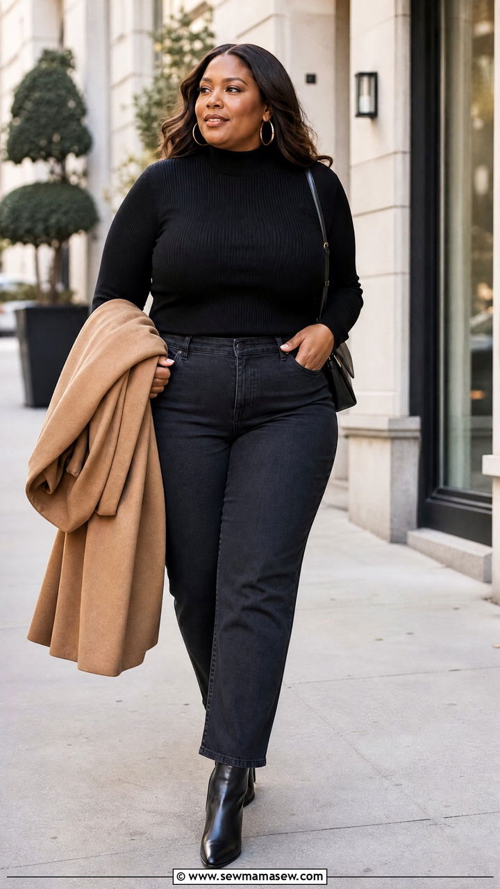 Black Mock Neck Sweater With Straight Leg Jeans - 20 plus size mock neck sweater outfit ideas