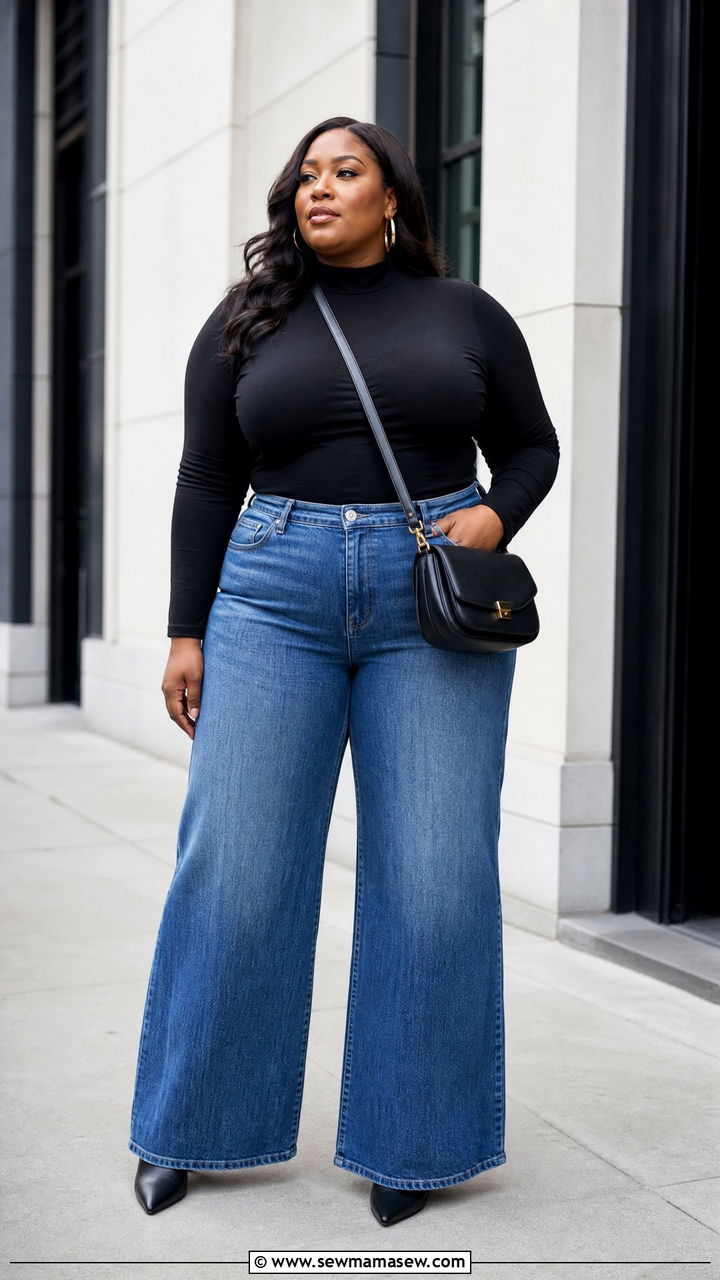 Black Mock Neck Top With Wide Leg Jeans - 20 plus size mock neck top outfit ideas