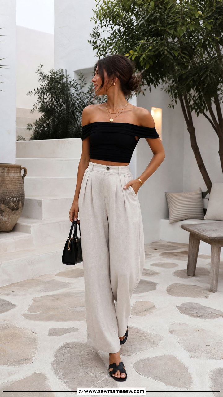 Black Off Shoulder Crop Top With Linen Pants - 20 off shoulder crop top summer outfit ideas