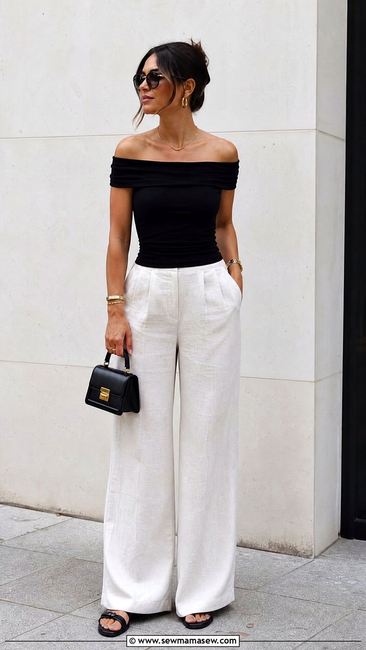 Black Off Shoulder Top With Linen Pants - 20 summer off shoulder top outfit ideas