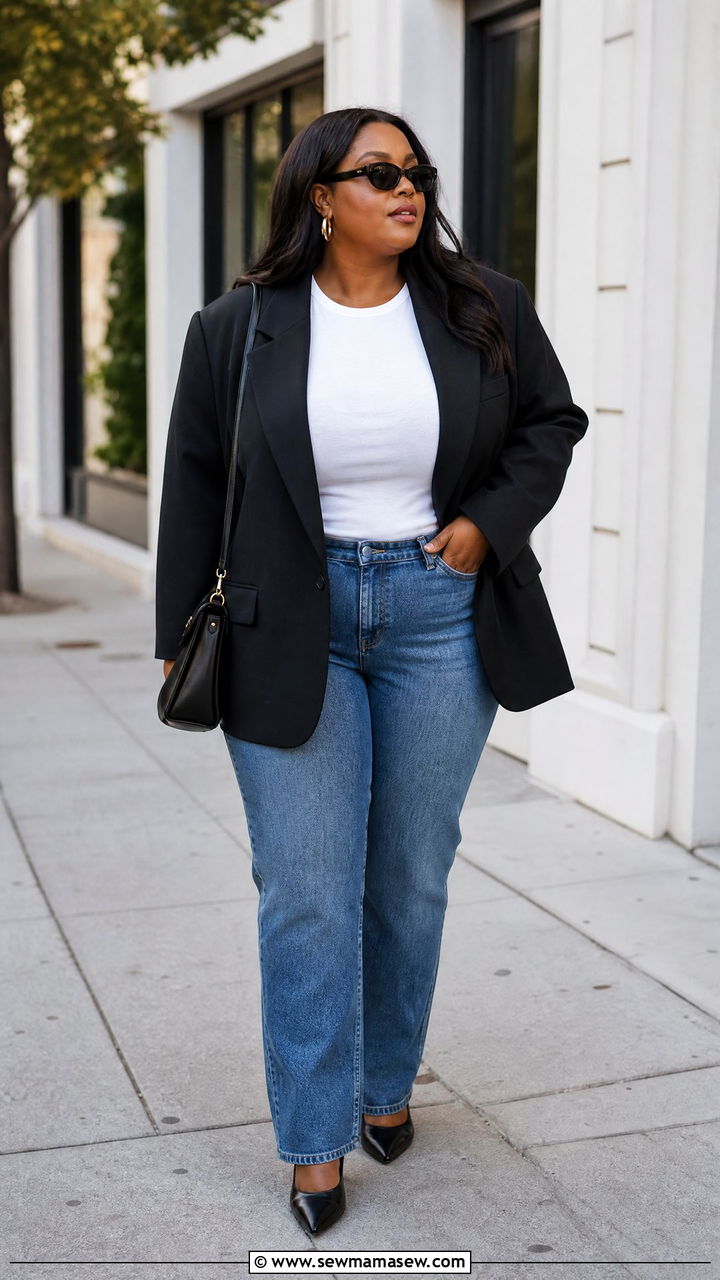 Black Oversized Blazer With Straight Leg Jeans - 20 plus size oversized blazer outfit ideas