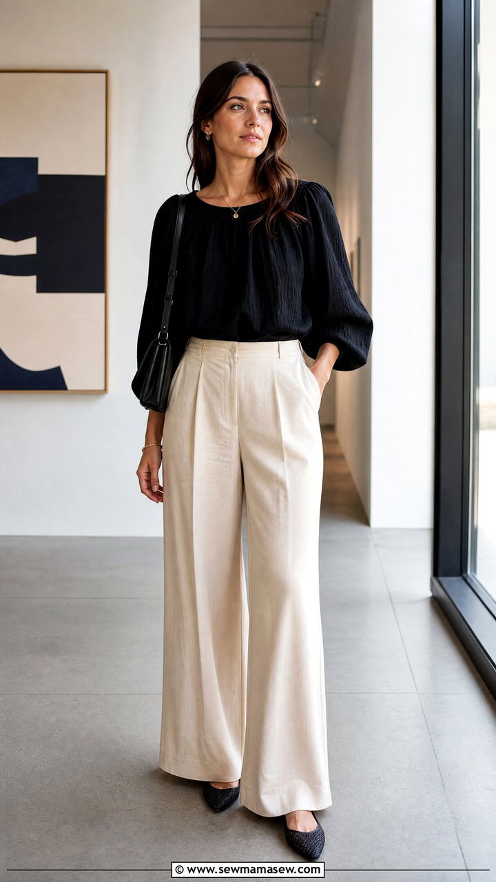 Black Peasant Blouse With Wide Leg Trousers - 20 peasant blouse outfit ideas