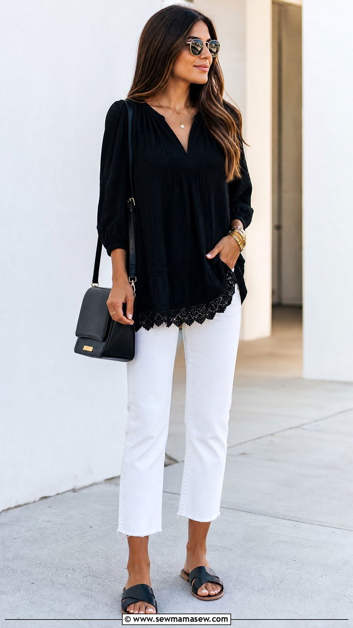 Black Peasant Tunic Top With White Jeans - 20 peasant tunic top outfit ideas