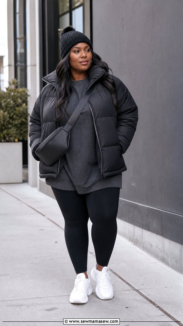 Black Plus Size Puffer Jacket With Leggings - 20 plus size puffer jacket outfit ideas