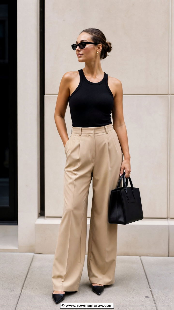 Black Racerback Tank Top With Tailored Trousers - 20 racerback tank top outfit ideas