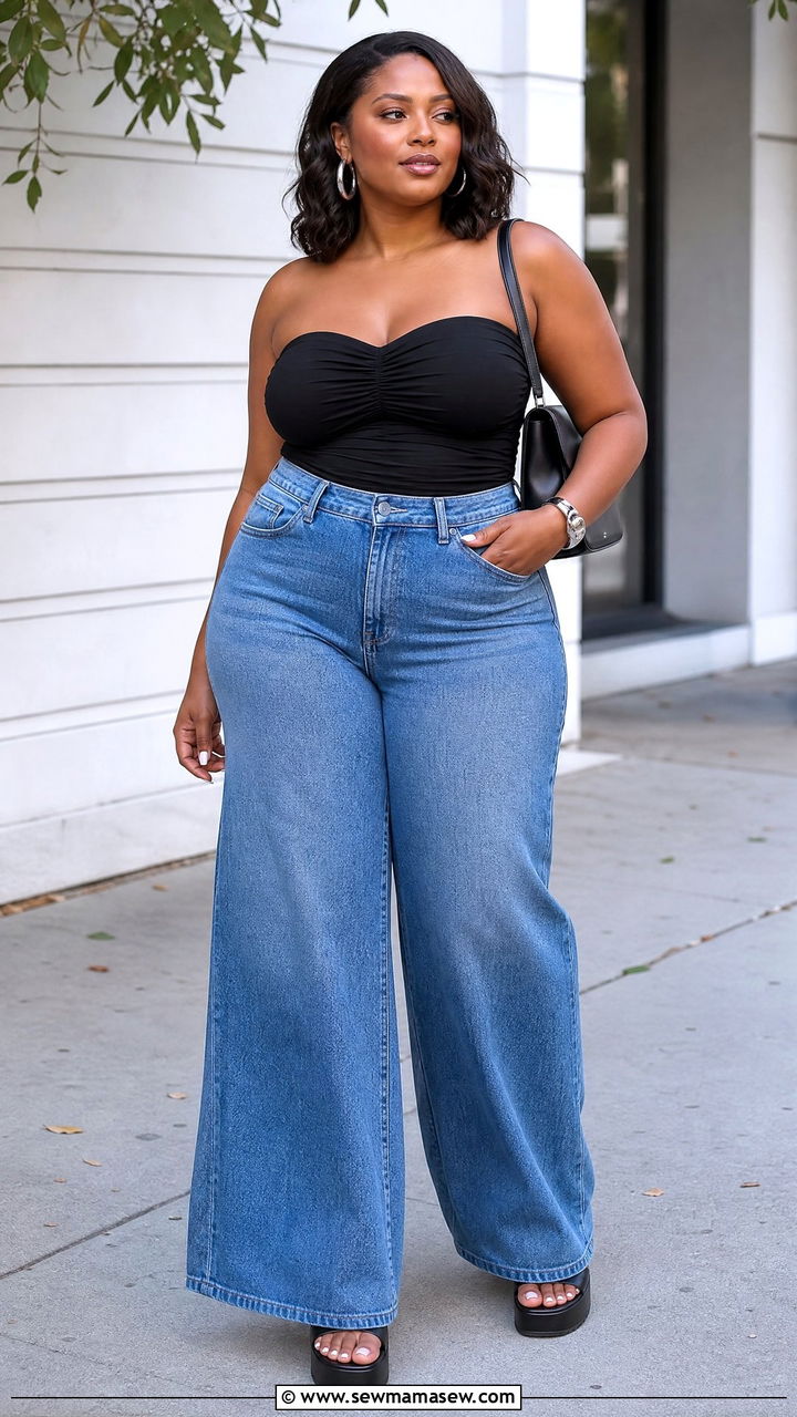 Black Ruched Tube Top With Wide Leg Jeans - 20 plus size ruched tube top outfit ideas