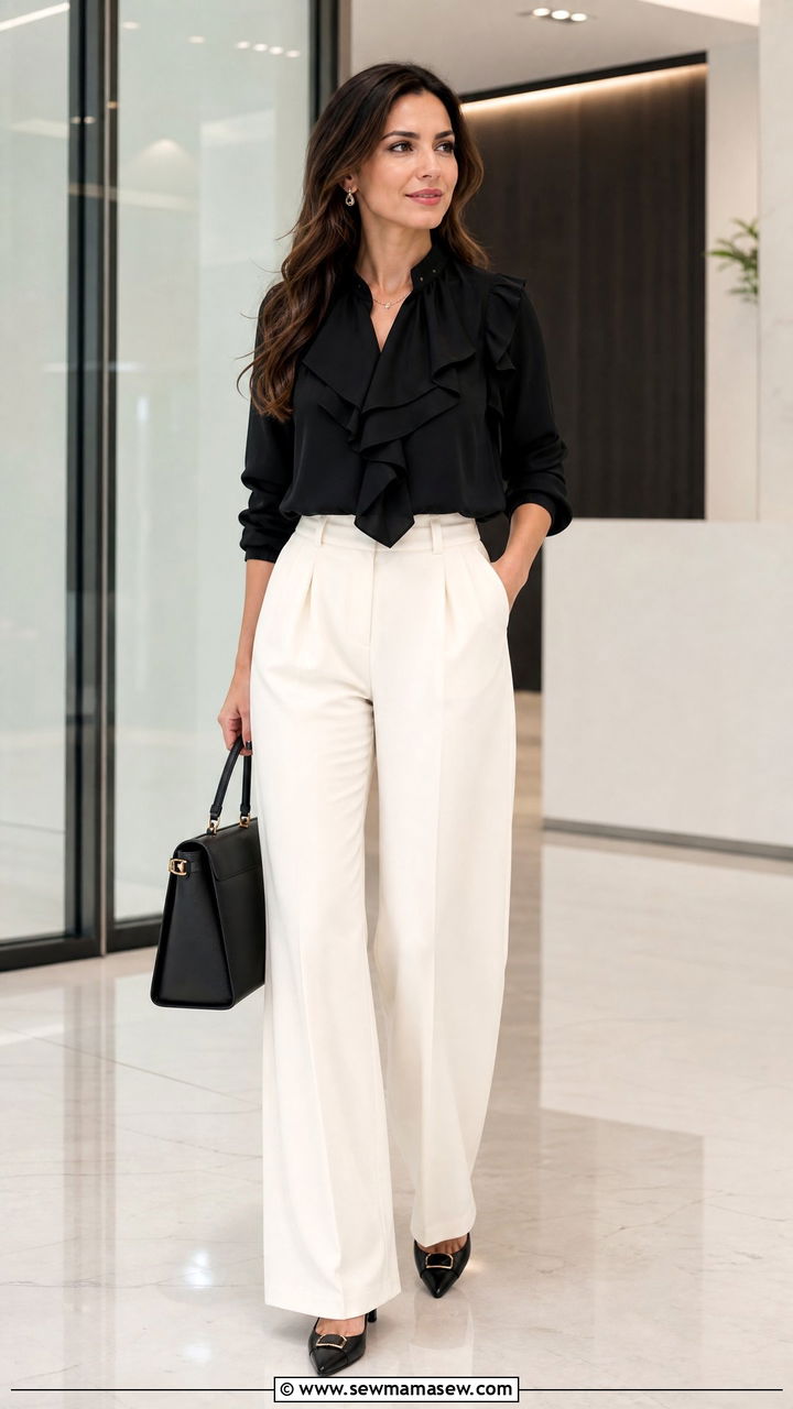 Black Ruffle Blouse With Wide Leg Trousers - 20 ruffle blouse outfit ideas
