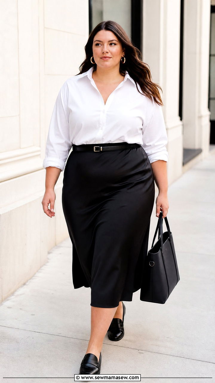 Black Satin Skirt With White Button Down - 20 plus size satin skirt outfit ideas