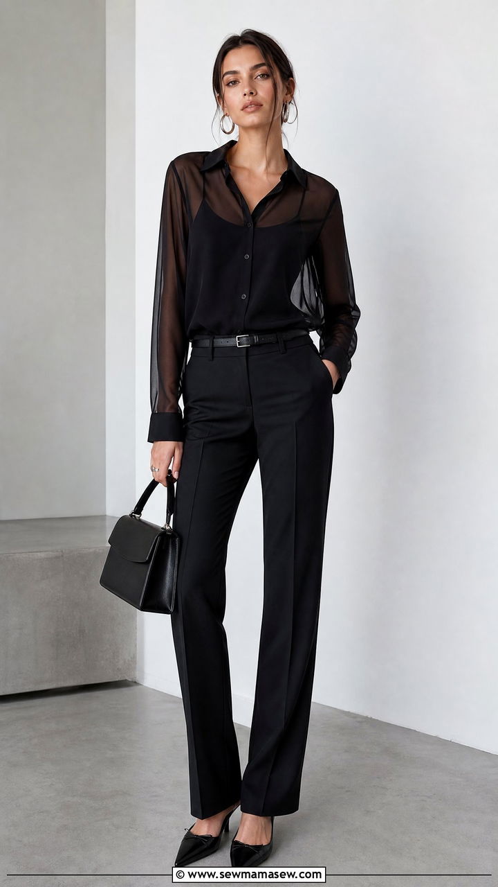 Black Sheer Blouse With Black Pants - 20 sheer blouse outfit ideas