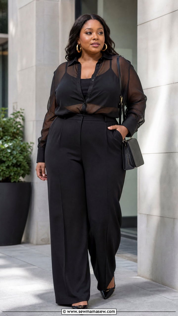 Black Sheer Blouse With Wide Leg Pants - 20 plus size sheer blouse outfit ideas