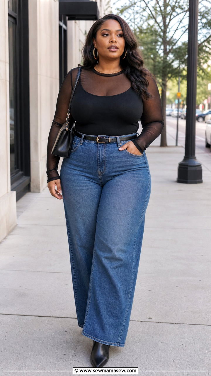 Black Sheer Top With Wide Leg Jeans - 20 plus size sheer top outfit ideas