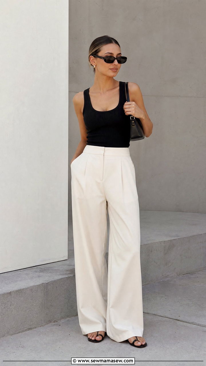 Black Tank Top And Wide Leg Trousers Outfit - 20 minimalist top outfit ideas
