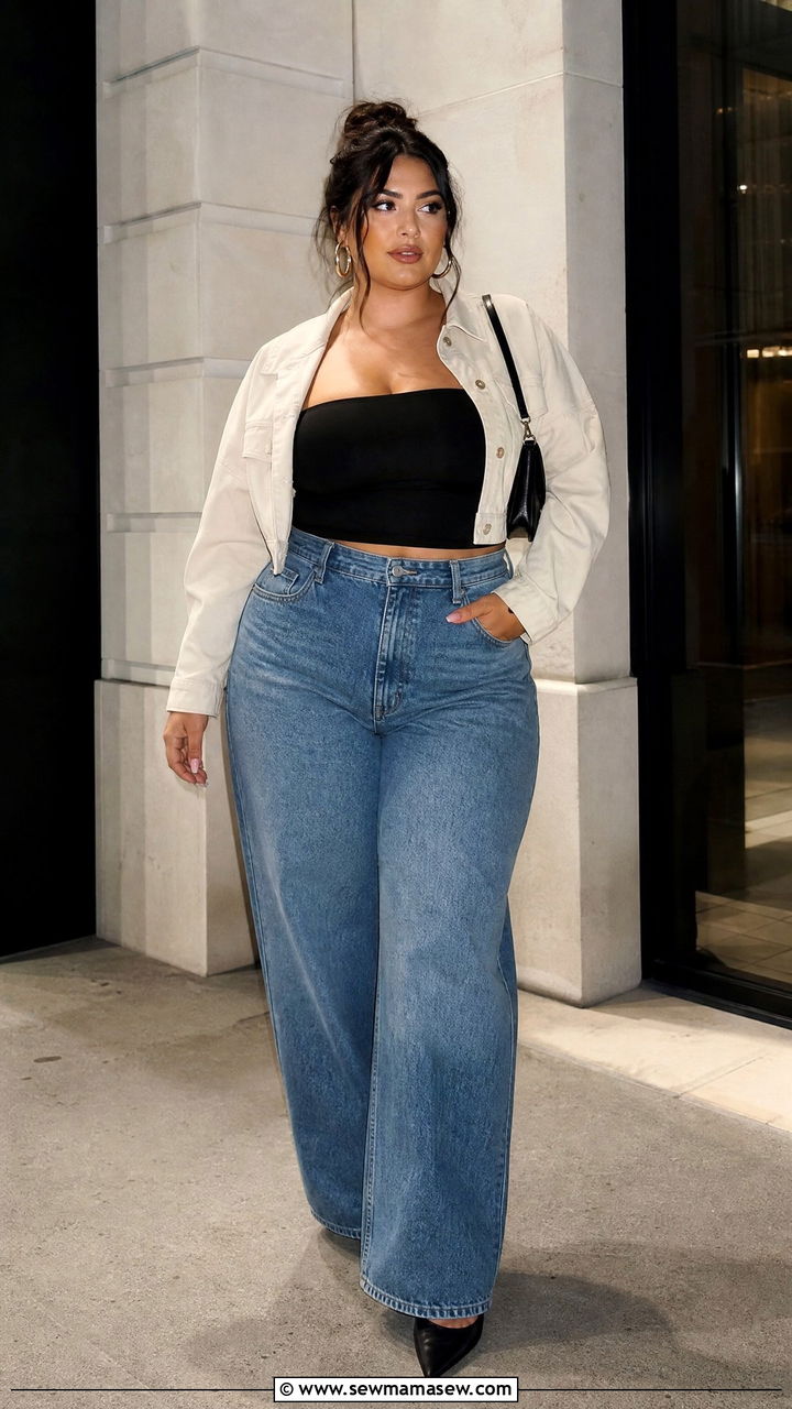 Black Tube Top Outfit With Wide Leg Jeans - 20 plus size going out tube top outfit ideas