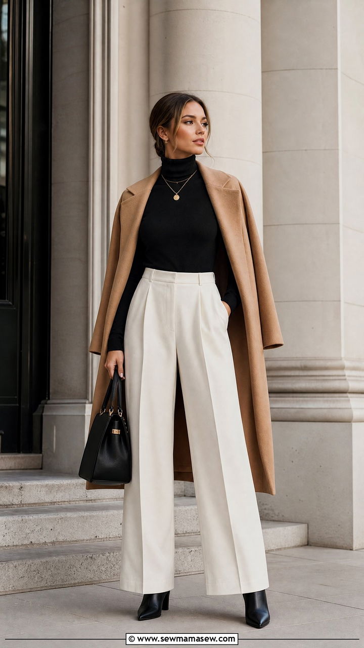 Black Turtleneck Top And Cream Trousers Outfit - 20 minimalist top outfit ideas