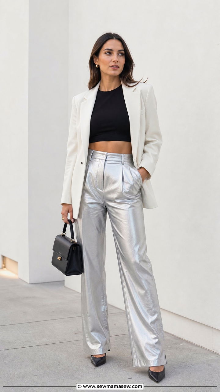 Blazer Crop Top With Metallic Pants - 20 crop top with metallic pants outfit ideas