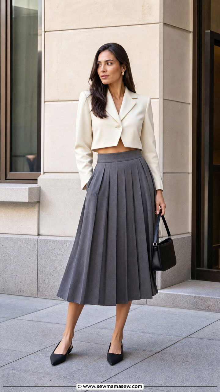 Blazer Crop Top With Pleated Midi Skirt - 20 crop top with midi skirt outfit ideas