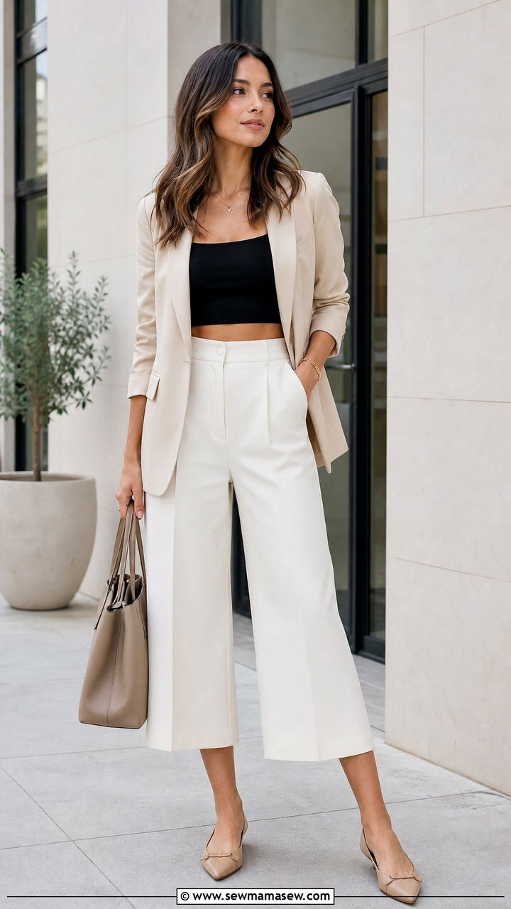 Blazer With Crop Top And Culottes Outfit - 20 crop top with culottes outfit ideas